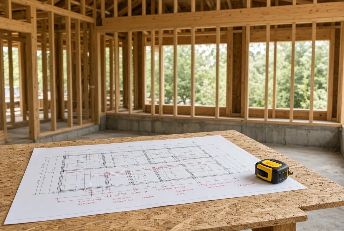 Marked-up construction drawings on site with red pen annotations showing field changes