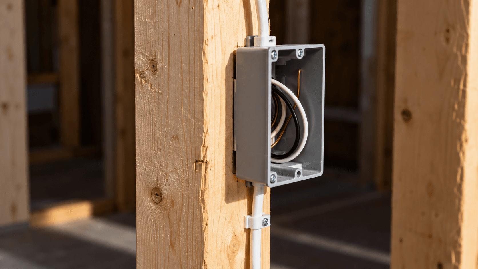 Electrical rough-in with boxes mounted, cables stapled to studs and conductors left long for termination