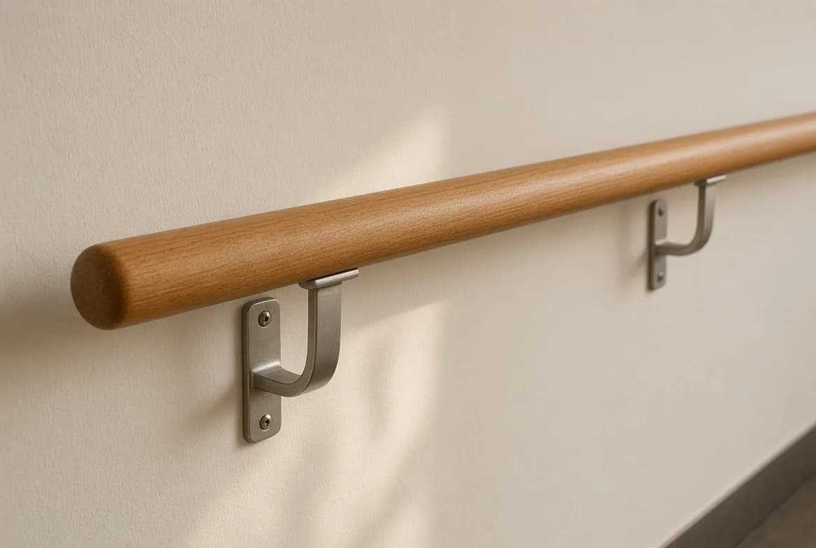 Wooden stair handrail mounted on brackets along a wall, with a hand-sized profile visible in section