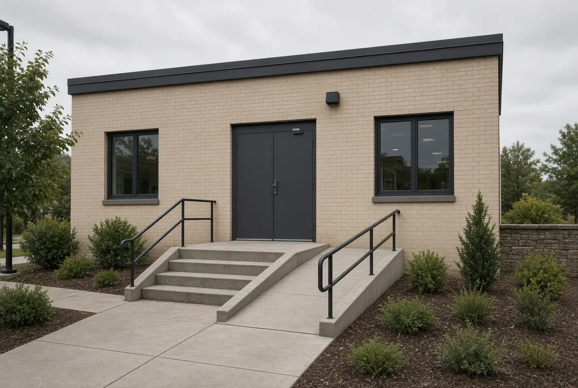 Level entrance and wide corridor with clear turning space in a small public building