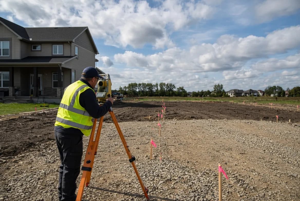 Surveyor’s total station set up on a residential lot with property stakes and ribbon visible