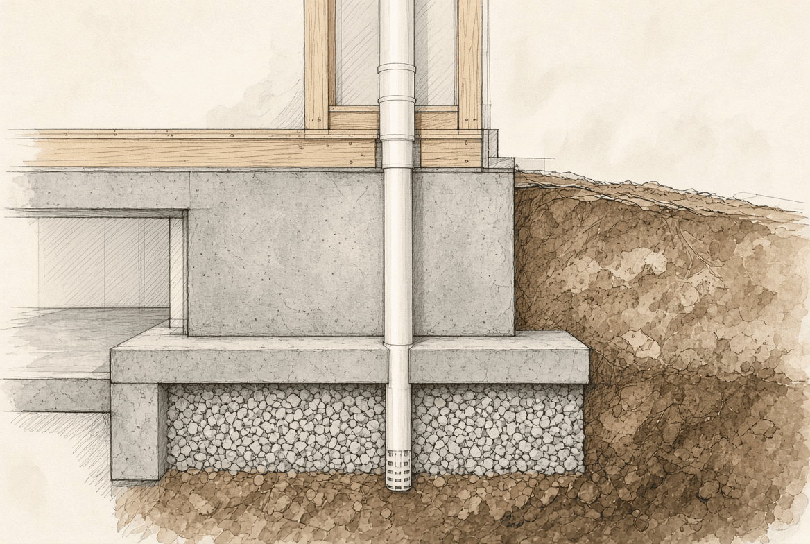 Sub-slab gravel layer with perforated pipe and sealed membrane before a basement slab is poured