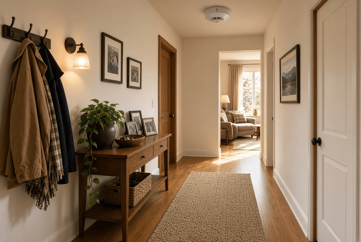 Ceiling-mounted smoke alarm in a hallway outside bedroom doors in a Canadian home