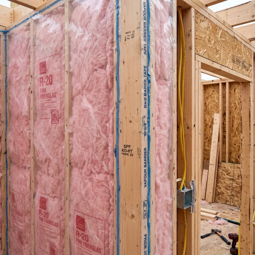 Wall assembly under construction showing batt insulation between wood studs with continuous rigid exterior insulation being installed over the sheathing