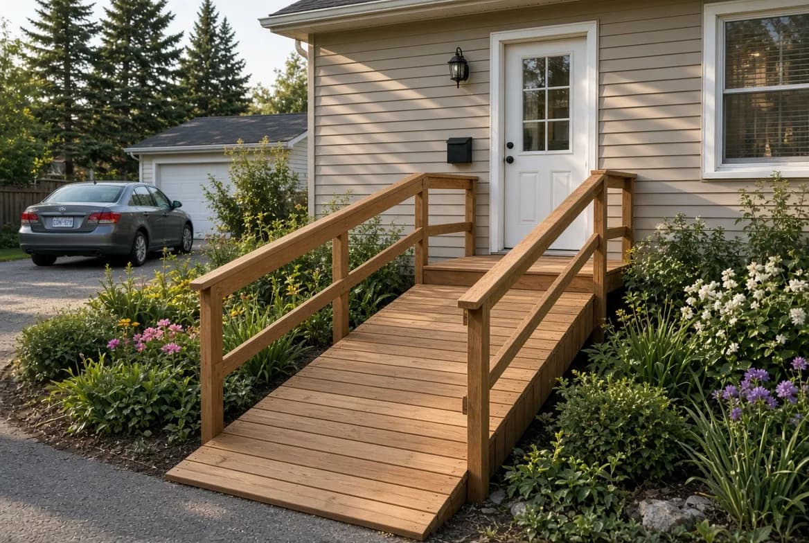 Level entrance with a gentle ramp, wide doorway and lever hardware at the front of a small commercial building