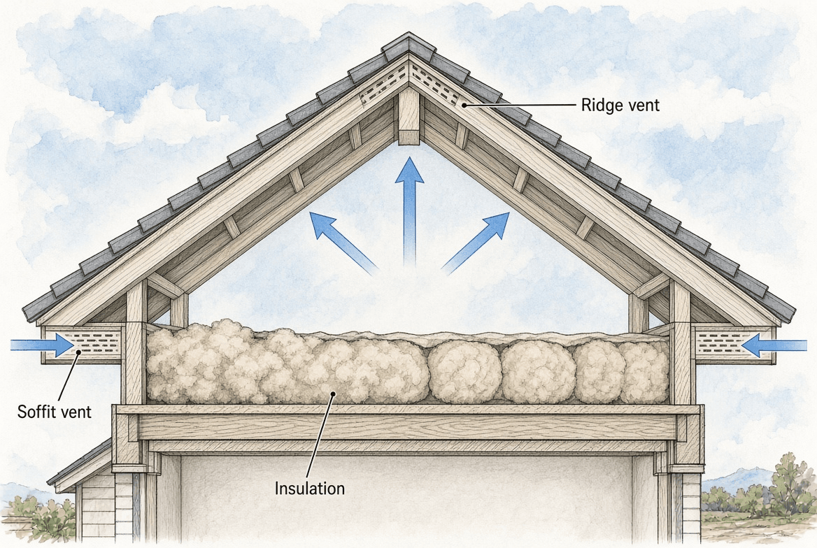 Attic interior showing soffit vents, a clear ventilation path above the insulation, and a ridge vent at the peak