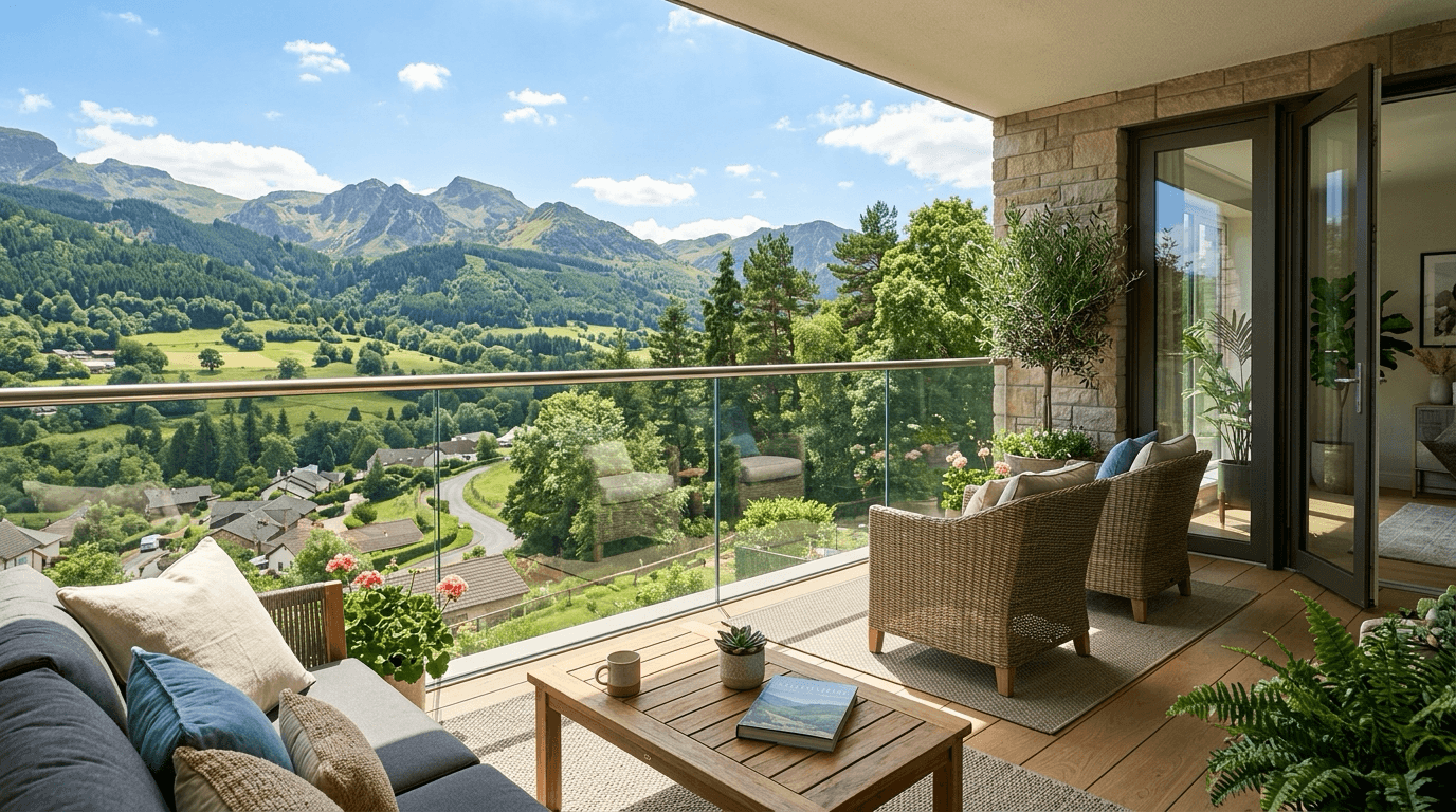 Modern residential balcony with a clear glass guardrail on a sunny day overlooking a mountain valley