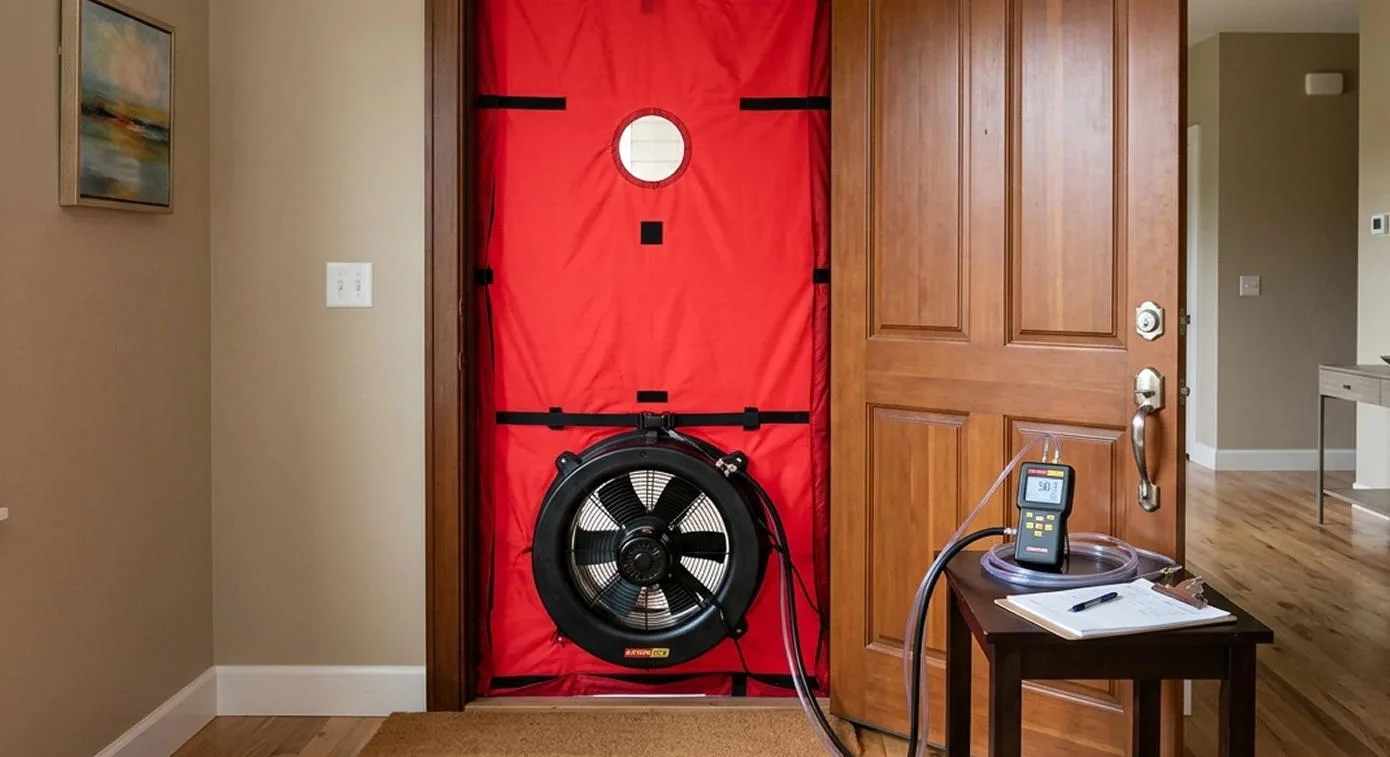 Blower door fan installed in an exterior doorway of a new house during an airtightness test