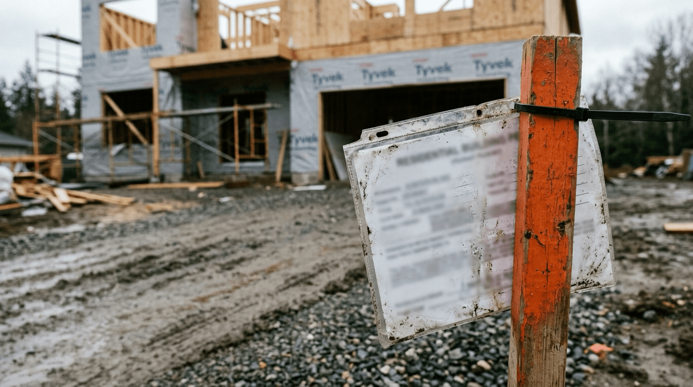 Stamped building permit drawings, a hardhat and a tape measure on a plywood workbench