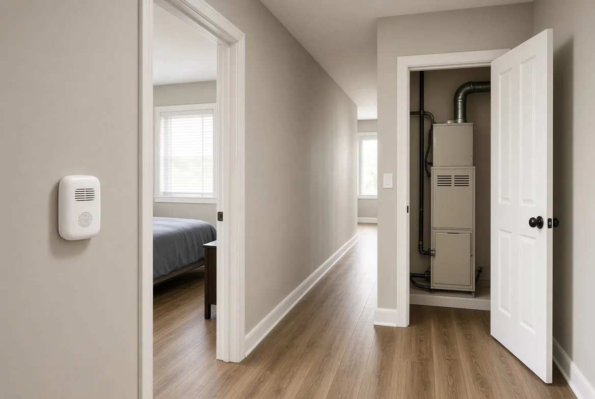 Carbon monoxide alarm mounted on a hallway wall outside a bedroom door, with a gas furnace visible in the background