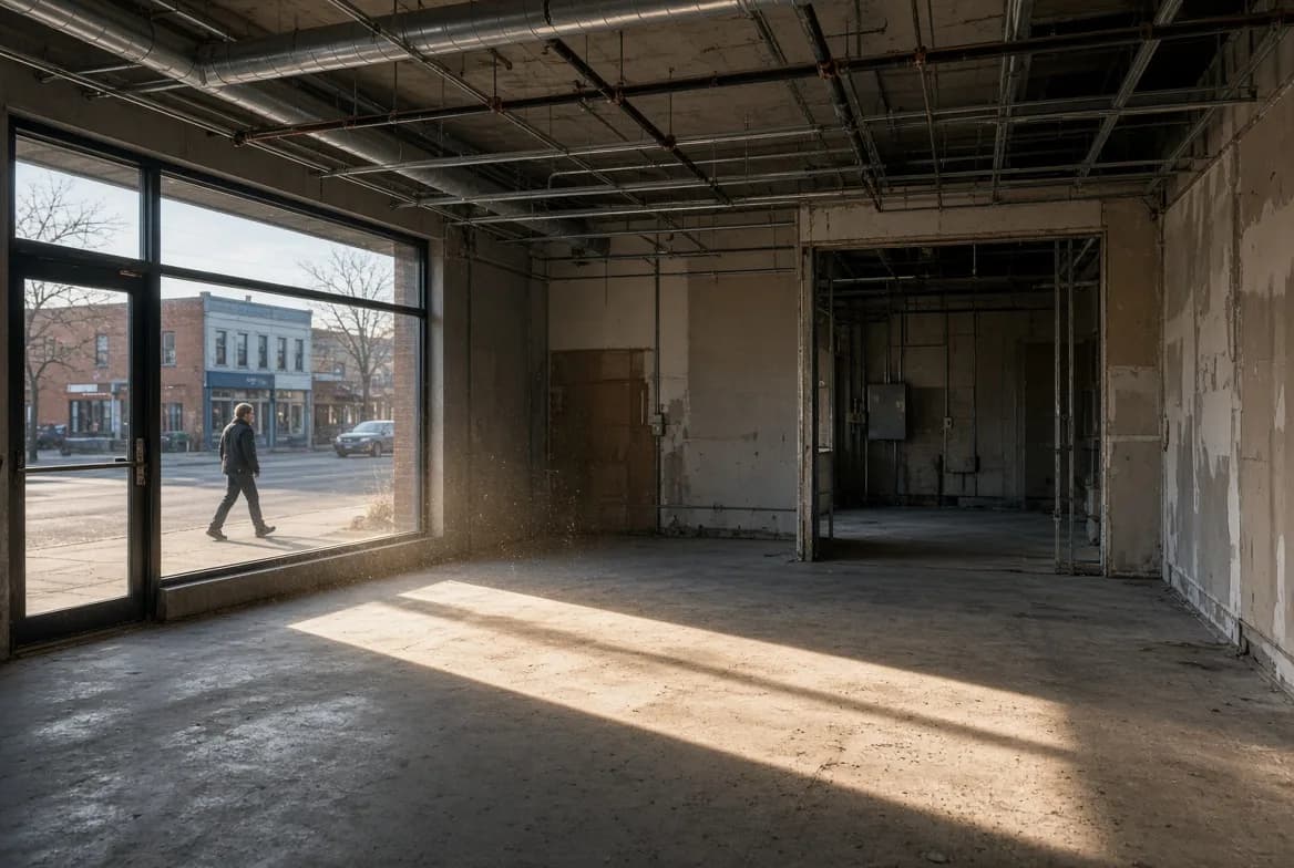 Empty commercial unit being converted, with new partitions marked out on the floor