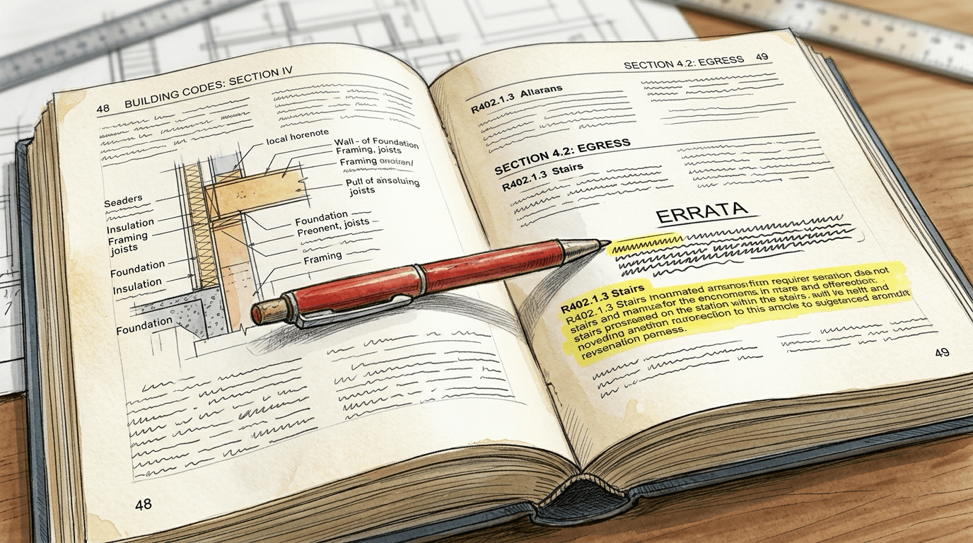 Code volume open on a desk with a printed errata sheet beside it