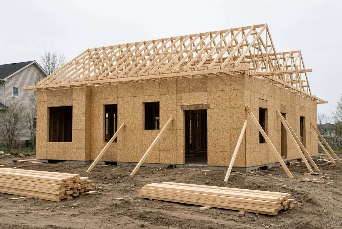 House framing partly complete with sheathing and taped seams visible on an exterior wall