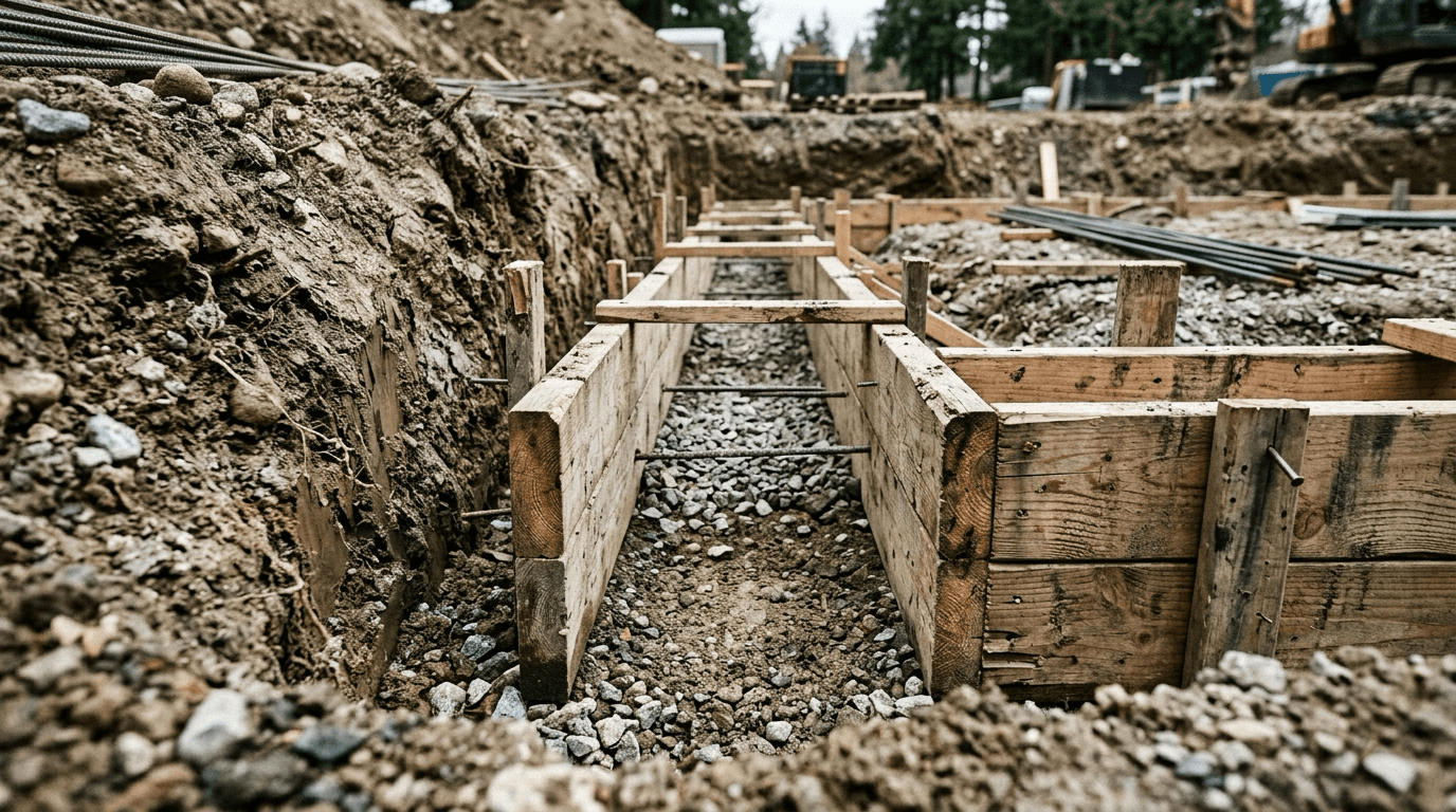 Excavated footing trench for a house foundation showing formwork and rebar below grade