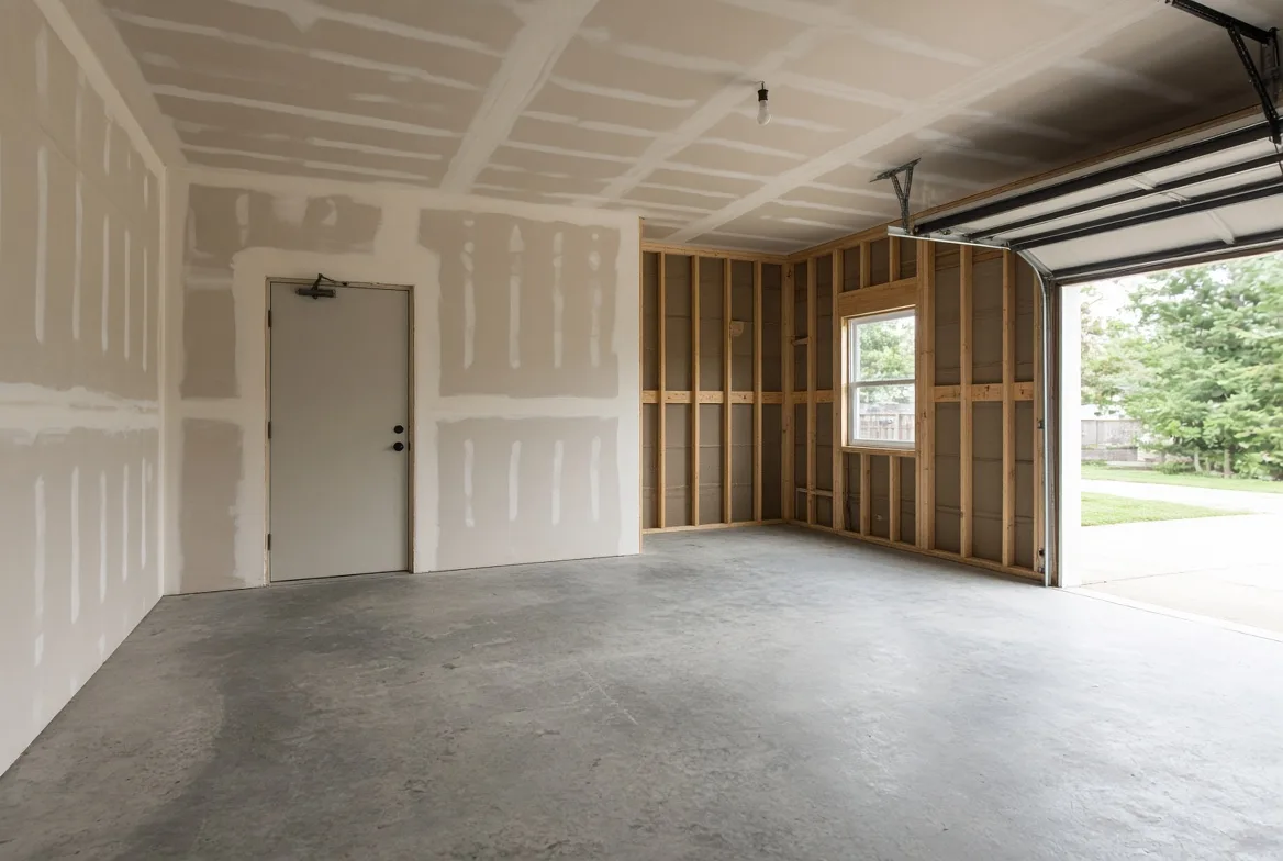 Attached garage interior with drywall on the common wall and ceiling and a self-closing door into the house
