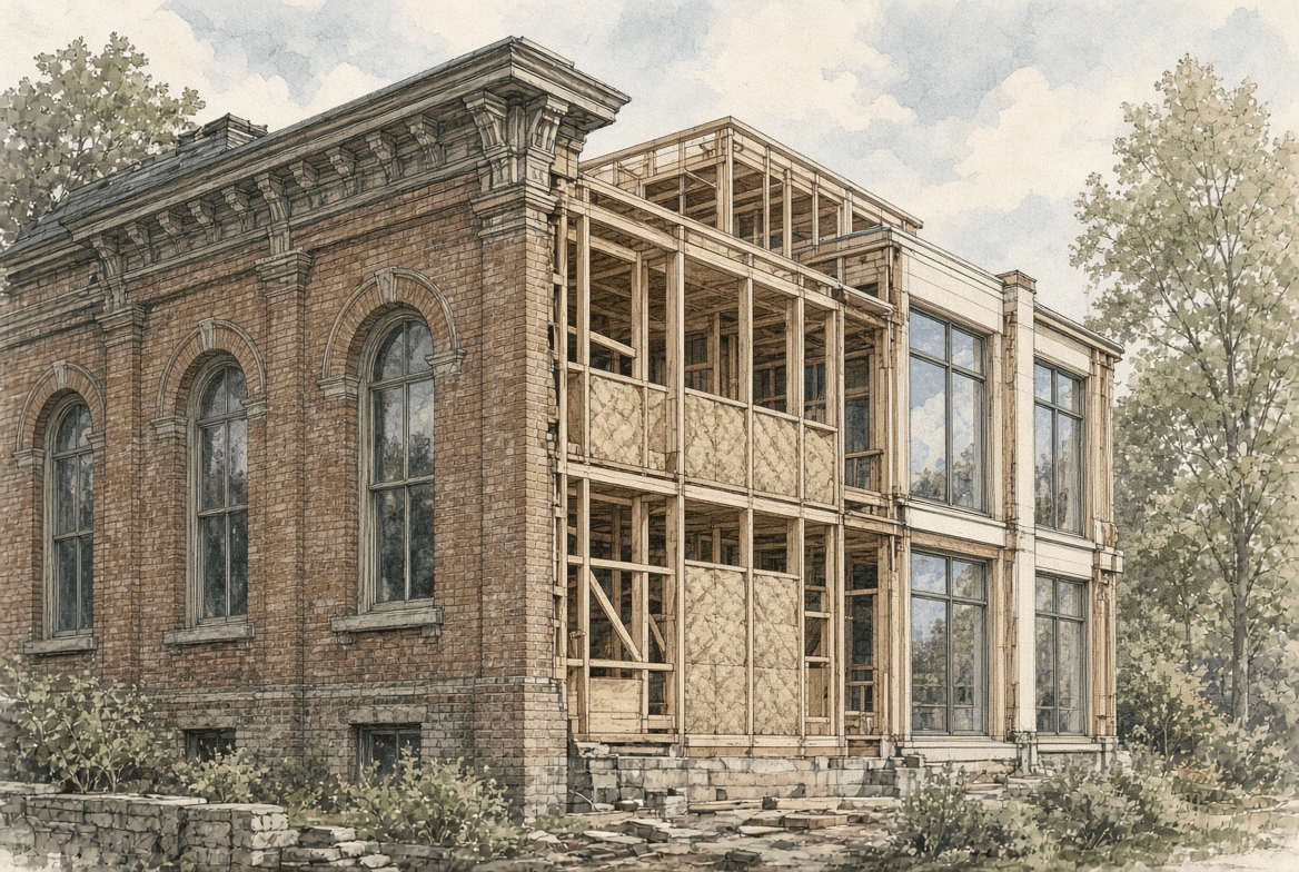 Older Canadian house mid-renovation with original framing exposed alongside new work