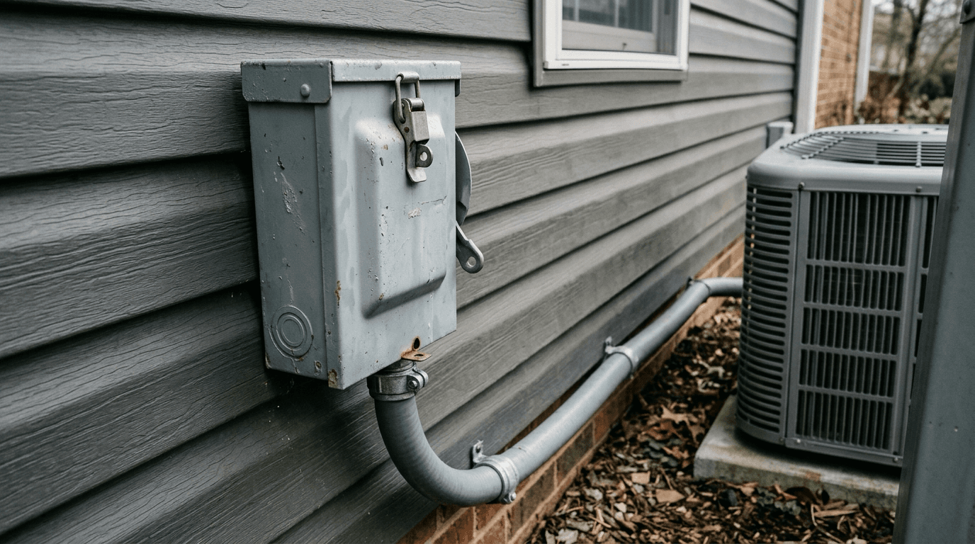Closed exterior electrical disconnect box and conduit beside a residential heat pump condenser unit