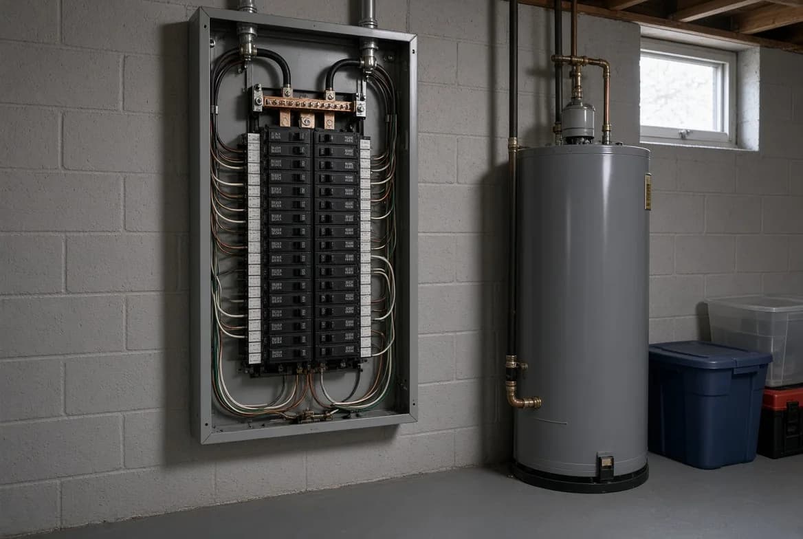 Open residential electrical panel beside an exterior heat pump condenser unit on a Canadian home in autumn
