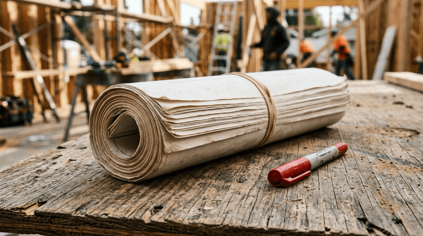 Rolled up architectural blueprints bound with a rubber band next to a red marker on a jobsite plywood table