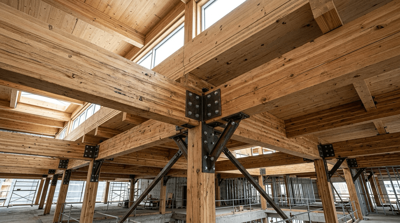 Cross-laminated timber panels and glulam columns being assembled on a mid-rise construction site