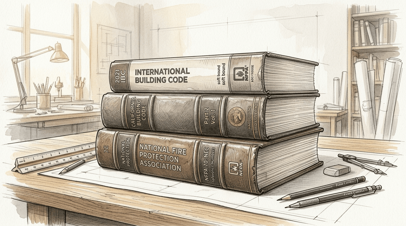 New edition of the national model code volumes beside an older edition on a desk