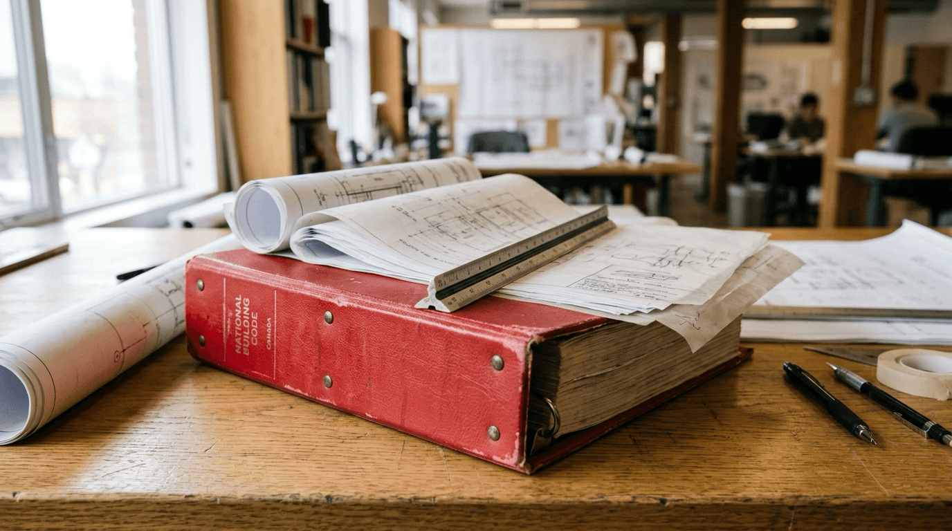 Stack of Canadian model code volumes on a desk beside drawings and a scale rule