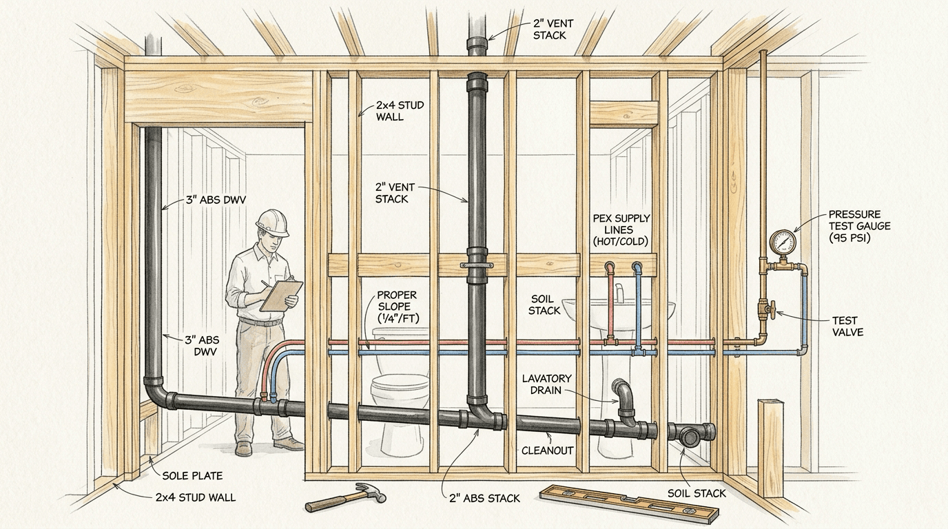 Plumbing rough-in with drain lines, vent stack and capped stub-outs in an open stud wall