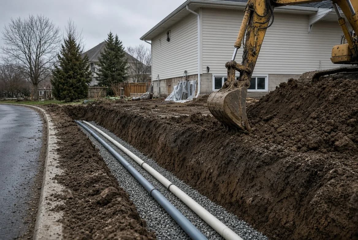 Open excavation showing water and sewer service connections trenched toward a municipal main