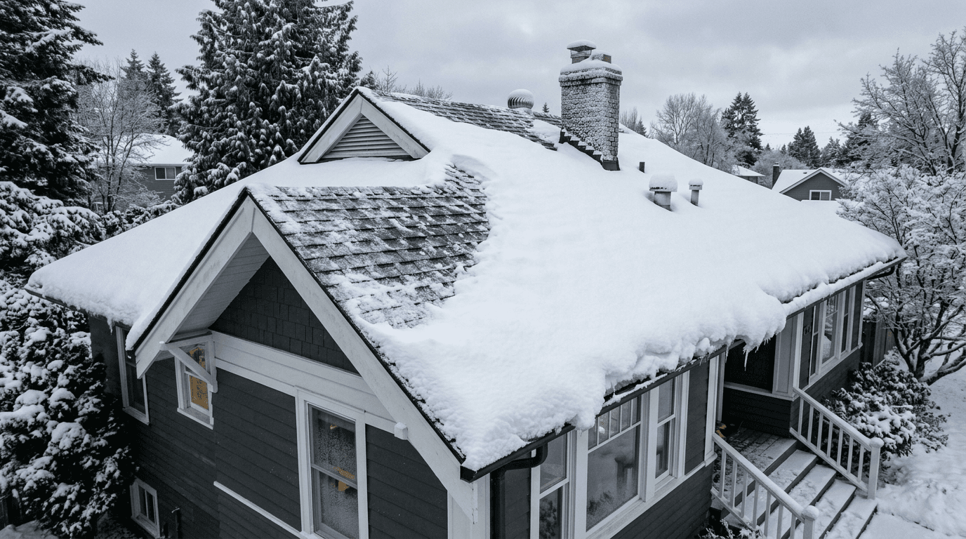 Snow drifted deeply against a dormer and a roof valley on a Canadian house in winter