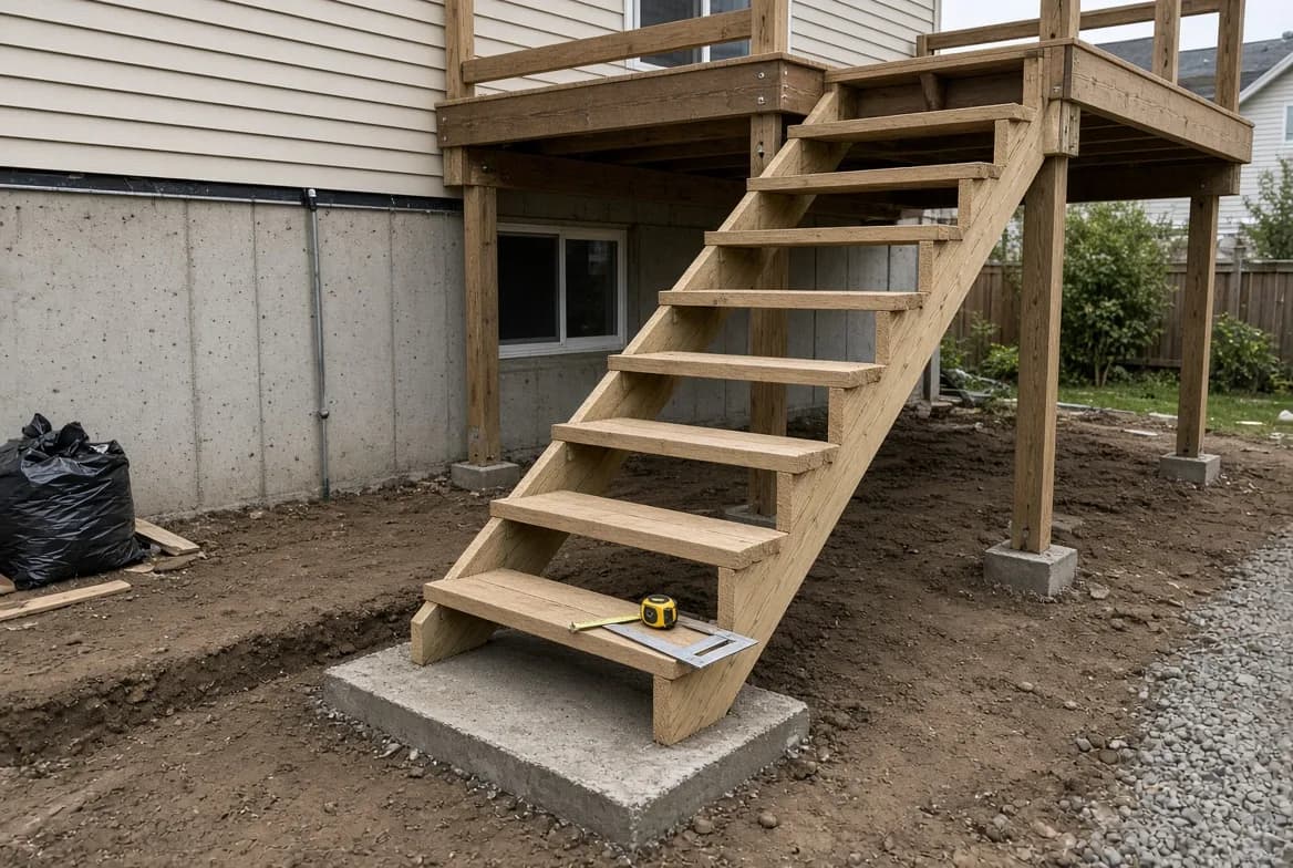 Framed interior staircase under construction with stringers cut and treads not yet installed