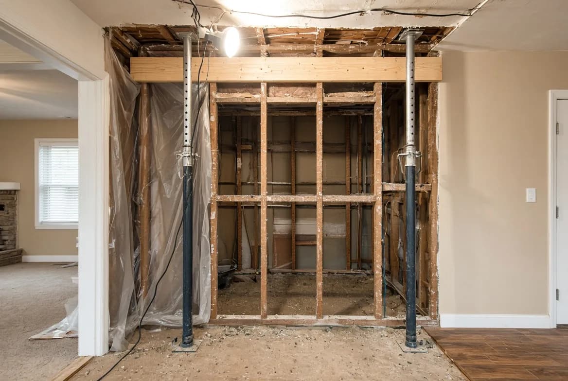 Interior wall opened to expose studs and a header, with temporary shoring supporting the ceiling above
