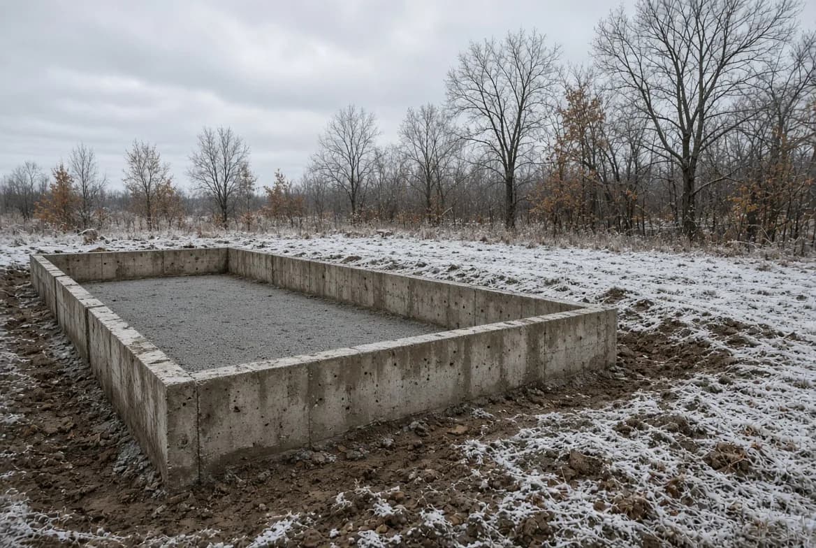Foundation excavation with formwork in place on a cold autumn morning, frost visible on the surrounding ground